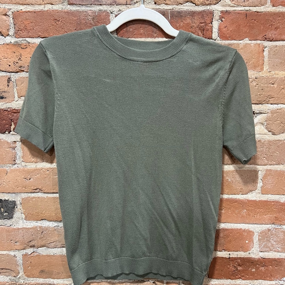 Mango Short-Sleeved Cotton Sweater in Olive Green
